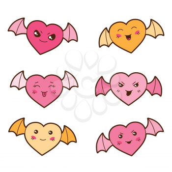 Set of kawaii hearts with different facial expressions.