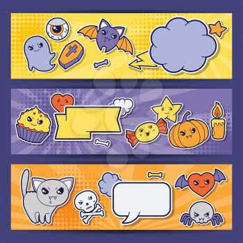Halloween kawaii horizontal banners with cute doodles.
