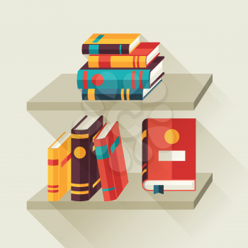 Card with books on bookshelves in flat design style.