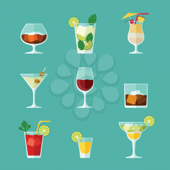 Alcohol drinks and cocktails icon set in flat design style.