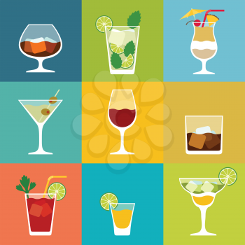 Alcohol drinks and cocktails icon set in flat design style.