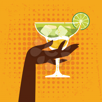 Illustration with glass of margarita and hand.