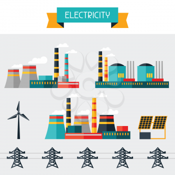 Electricity set of industry power plants in flat design style.