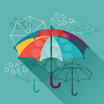 Card with umbrellas in flat design style.
