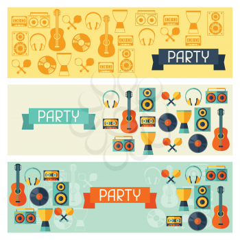 Horizontal banners with musical instruments in flat style.