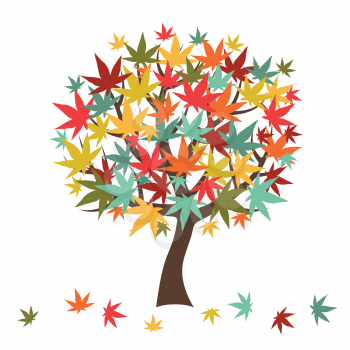 Stylized autumn tree with falling leaves for greeting card.