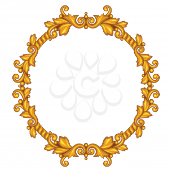 Baroque ornamental antique gold frame on white background.