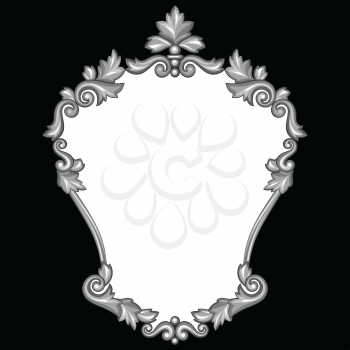 Baroque ornamental antique silver frame on black background.