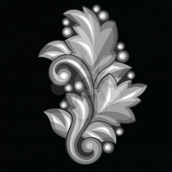 Baroque ornamental antique silver element on black background.