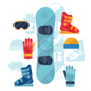 Snowboard equipment icons set in flat design style.