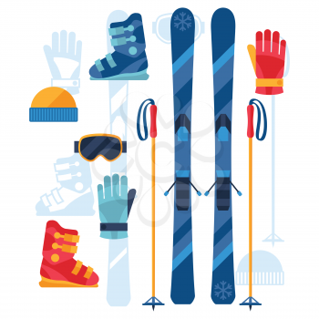 Skiing equipment icons set in flat design style.