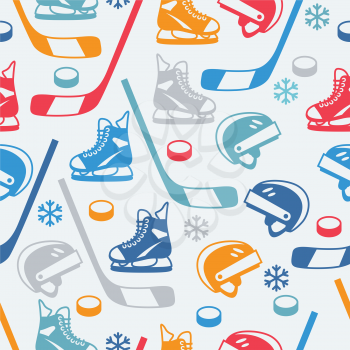 Sports seamless pattern with hockey equipment flat icons.