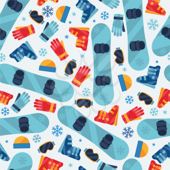 Sports seamless pattern with snowboard equipment flat icons.