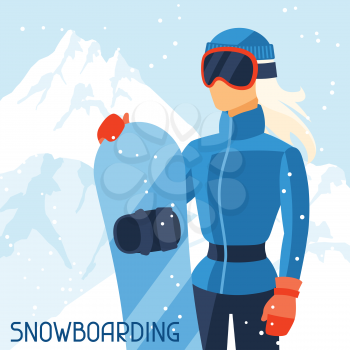 Girl snowboarder on mountain winter landscape background.