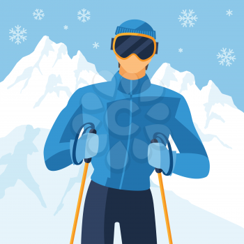 Man skier on mountain winter landscape background.