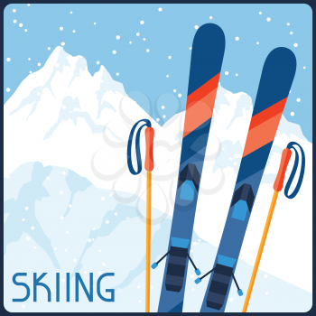 Skiing equipment on background of mountain winter landscape.
