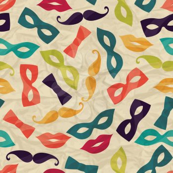 Seamless pattern with carnival accessories on crumpled paper.