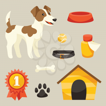 Set of icons and objects with cute dog.