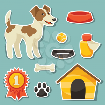 Set of sticker icons and objects with cute dog.