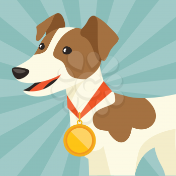 Background with dog champion winning gold medal.