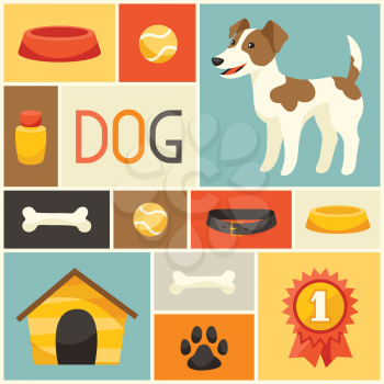 Background with cute dog, icons and objects.