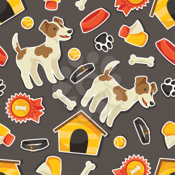 Seamless pattern with cute sticker dogs icons and objects.