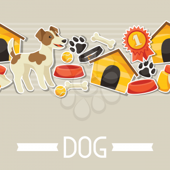 Seamless pattern with cute sticker dogs, icons and objects.
