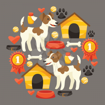 Set of icons and objects with cute dogs.