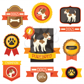 Badges labels ribbons with cute dogs icons and objects.