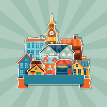 Town background design with cute colorful sticker houses.