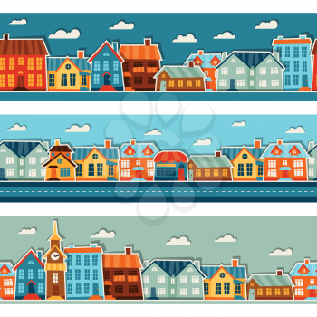 Town seamless patterns with cute colorful sticker houses.