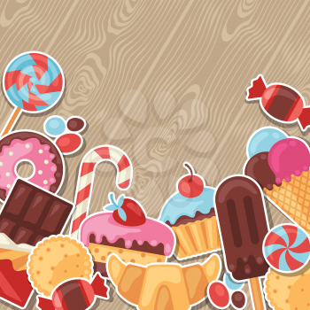 Background with colorful sticker candy, sweets and cakes.