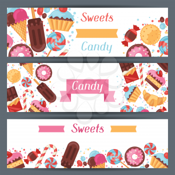 Horizontal banners with colorful candy, sweets and cakes.
