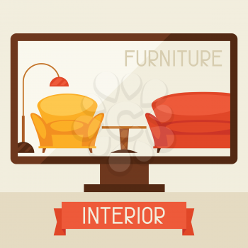Illustration with computer and furniture in retro style.