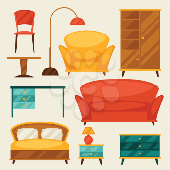 Interior icon set with furniture in retro style.