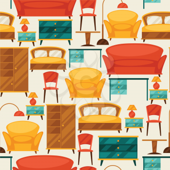 Interior seamless pattern with furniture in retro style.