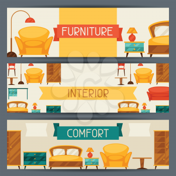 Interior horizontal banners with furniture in retro style.