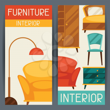 Interior vertical banners with furniture in retro style.
