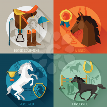 Backgrounds with horse equipment in flat style.