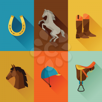 Icon set with horse equipment in flat style.