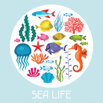 Marine life set of icons, objects and sea animals.
