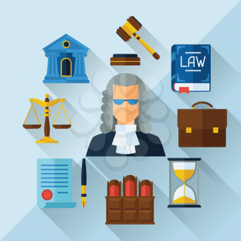 Law icons background in flat design style.