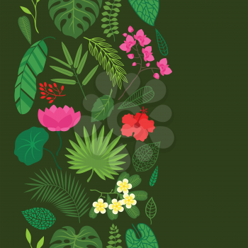 Seamless pattern with tropical plants, leaves and flowers.