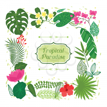 Tropical paradise card with stylized leaves and flowers.