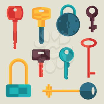 Locks and keys icons set in flat style.