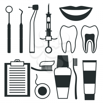 Medical dental equipment icons set in flat style.