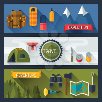 Tourist banners with camping equipment in flat style.