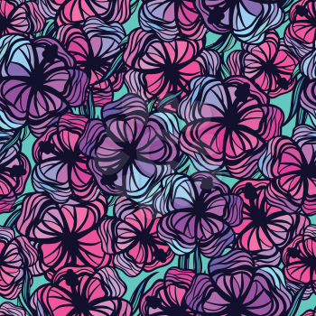 Seamless pattern with stylized colored tropical flowers.