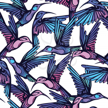 Flying tropical colorful hummingbirds with flowers seamless pattern.