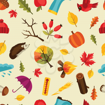 Seamless pattern with autumn icons and objects.